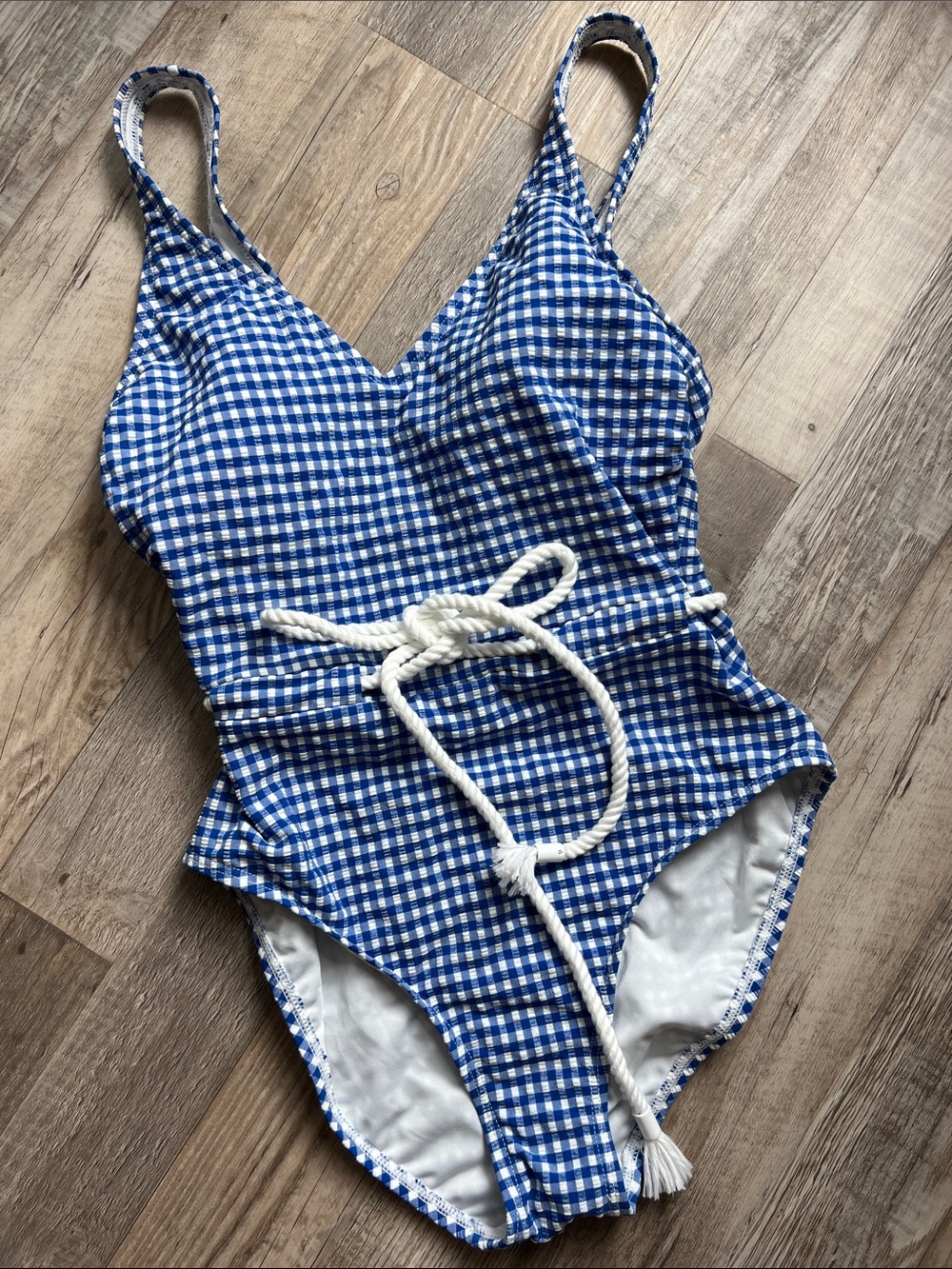 LOFT Blue and White Gingham One-Piece Swimsuit with Rope Belt